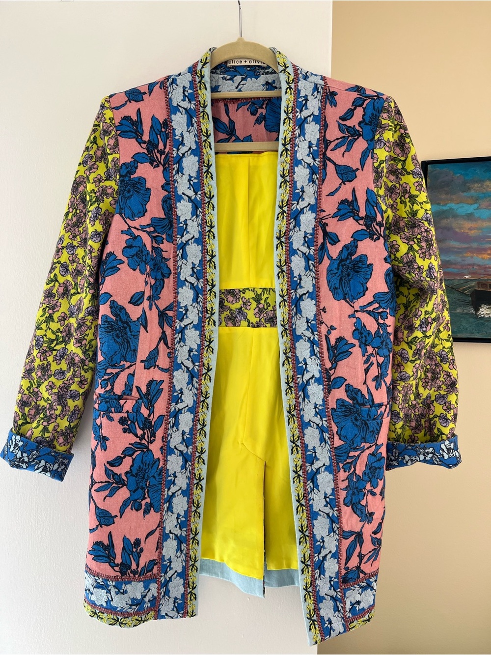 Alice + Olivia Pink and Blue Floral Open Jacket with Yellow Lining